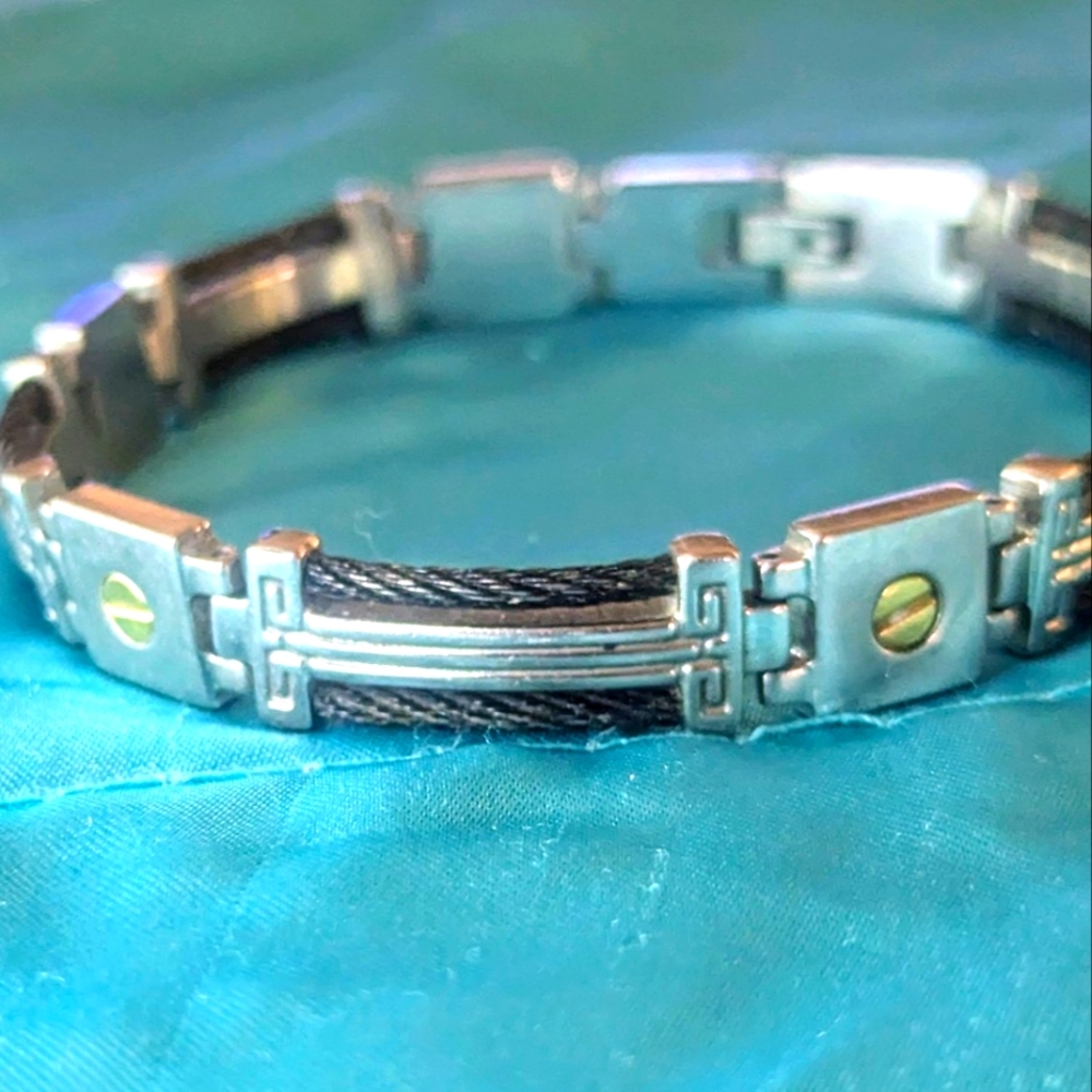 COPY - Men's Black and Steel Cable Bracelet with 14K Yellow Gold Screws.